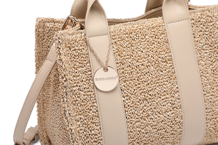 Structured straw-effect tote bag with dual handles and leather-look trim wholesale