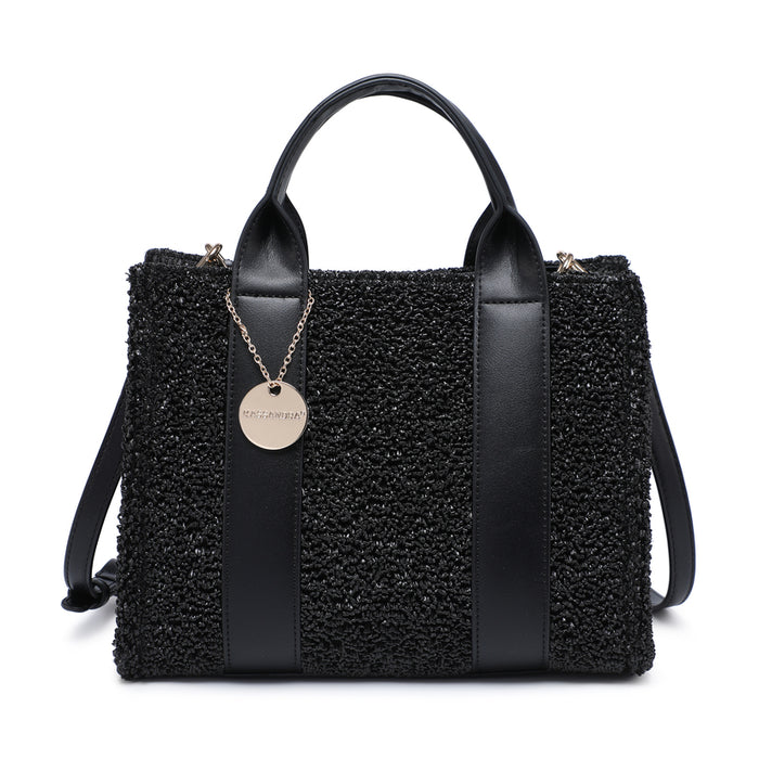 Structured straw-effect tote bag with dual handles and leather-look trim wholesale
