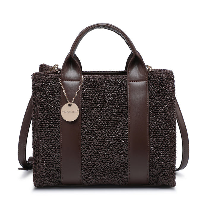 Structured straw-effect tote bag with dual handles and leather-look trim wholesale