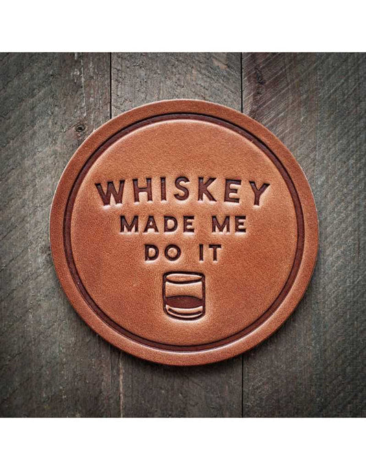 Leather coaster with whiskey quote and glass illustration