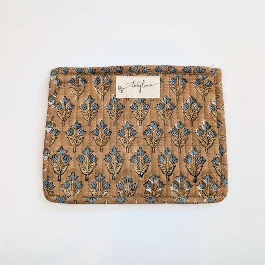 Taupe & Blue Floral Block Print Quilted Medium Purse - Precious Sparkle