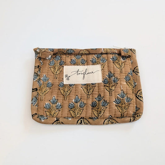 Taupe & Blue Floral Block Print Quilted Small Purse - Precious Sparkle