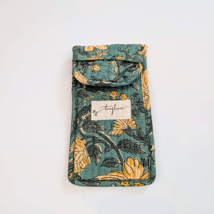Teal & Yellow Floral Block Print Quilted Glasses Case - Precious Sparkle