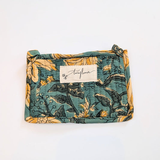 Teal & Yellow Floral Block Print Quilted Small Purse - Precious Sparkle