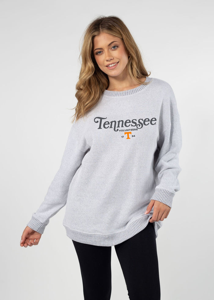 Tennessee Volunteers Women's Heather-Grey Relaxed, straight Yarn-dyed brushed fleece Sweatshirt with the look of sweater, the touch of a blanket, crew neckline and ribbed neck, cuffs and hem