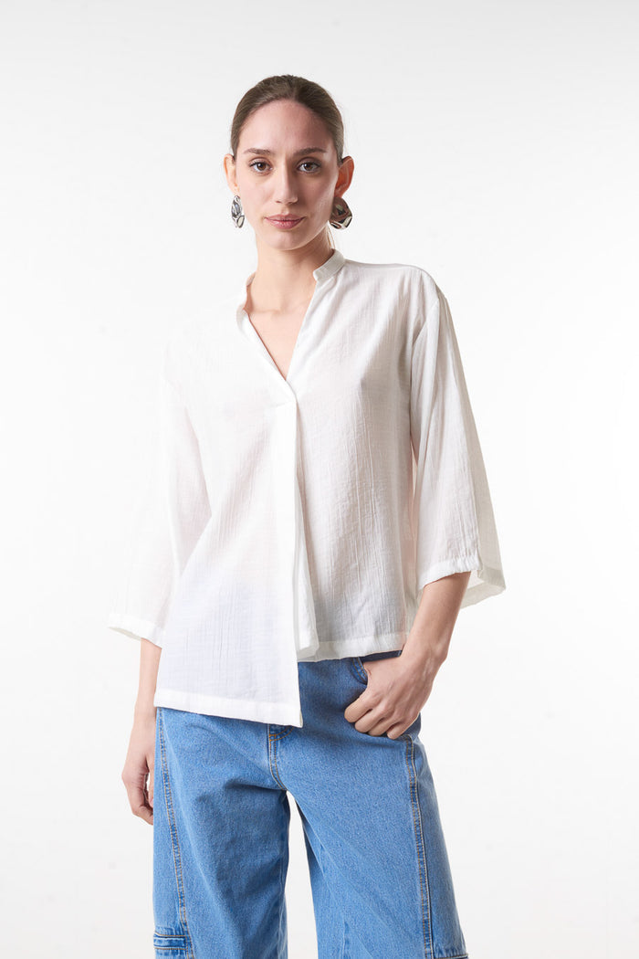 Textured v neck loose fit three quarter sleeve blouse wholesale