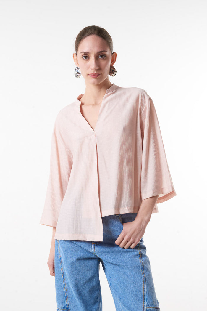 Textured v neck loose fit three quarter sleeve blouse wholesale
