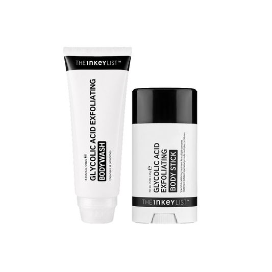 The Inkey List Glycolic Acid Exfoliating Body Wash tube and Glycolic Acid Exfoliating Body Stick in a clean white studio setting.