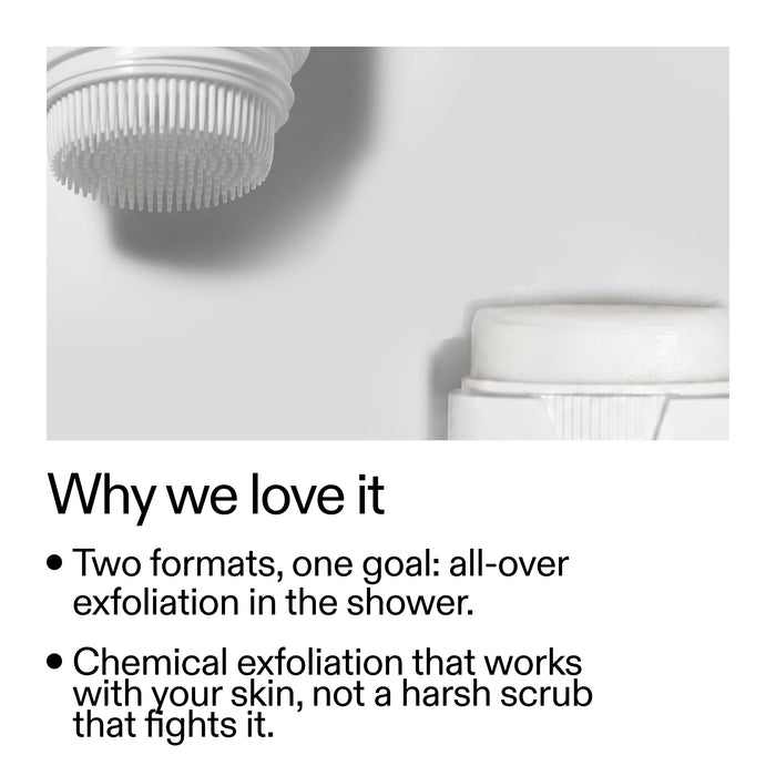 A promotional graphic with a close-up of a white shower brush head and part of the brush body, above text reading 'Why we love it' and bullet points about all-over exfoliation in the shower.