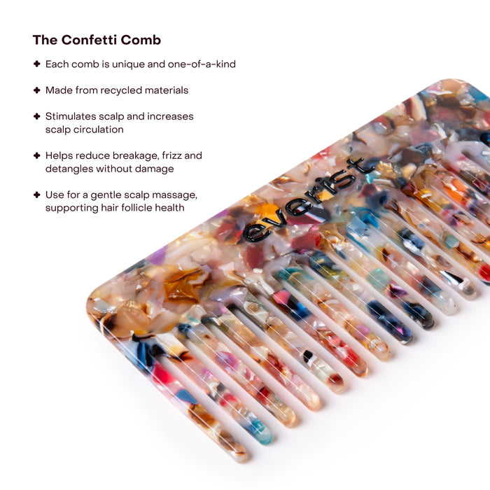 The Confetti Comb by Everist, seen on a white background, features a wide-toothed design and confetti pattern. Text highlights its unique style, use of recycled materials, gentle care for hair, and scalp-friendly benefits.