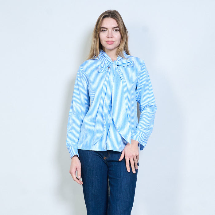 Tie-neck blouse with rhinestone striped detailing wholesale
