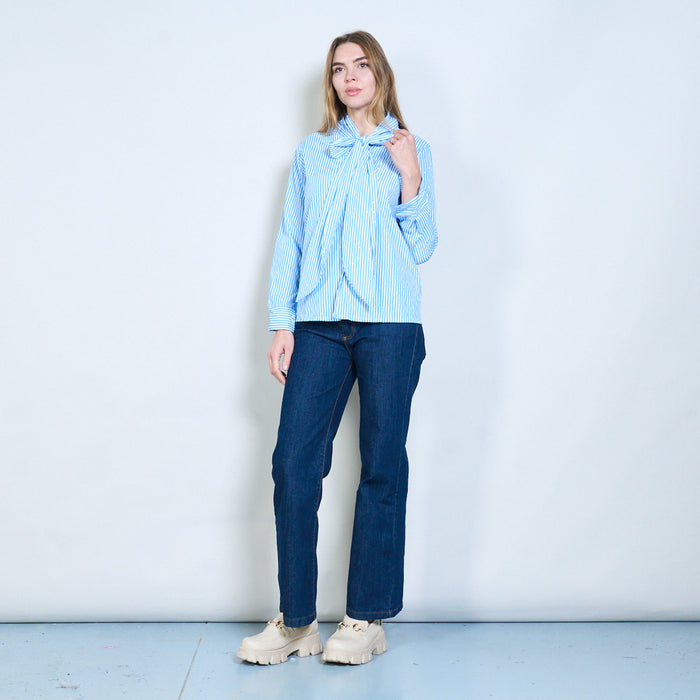 Tie-neck blouse with rhinestone striped detailing wholesale