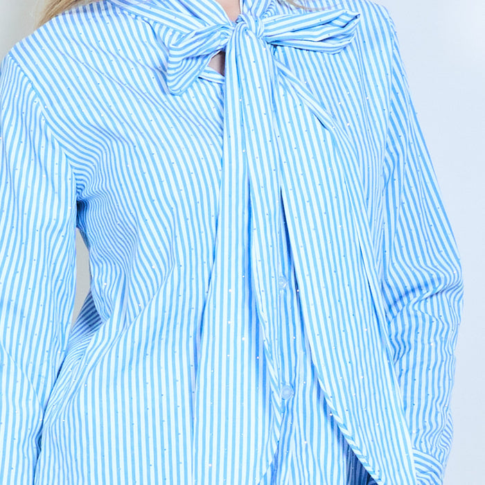 Tie-neck blouse with rhinestone striped detailing wholesale