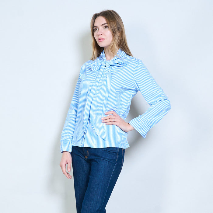 Tie-neck blouse with rhinestone striped detailing wholesale