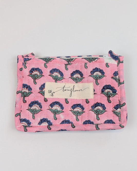 Twinflower Pink Floral Block Print Quilted Small Pouch Purse - Precious Sparkle