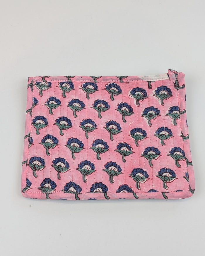 Twinflower Pink Floral Buti Block Print Quilted Medium Pouch Purse - Precious Sparkle