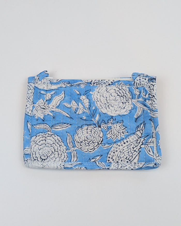 Twinflower Sky Blue Floral Block Print Quilted Small Pouch Purse - Precious Sparkle