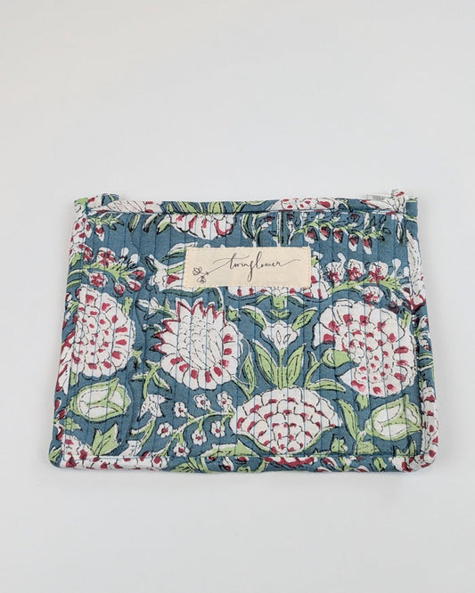 Twinflower Teal Floral Block Print Quilted Medium Pouch Purse - Precious Sparkle