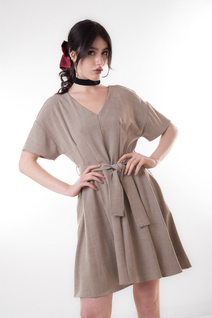 V neck short sleeve belted mini dress wholesale