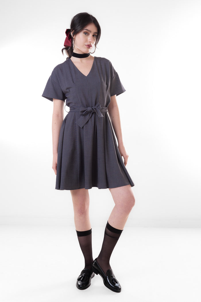 V neck short sleeve belted mini dress wholesale