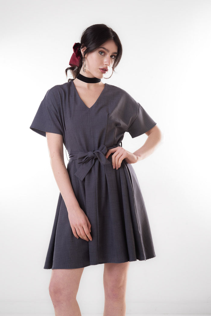 V neck short sleeve belted mini dress wholesale