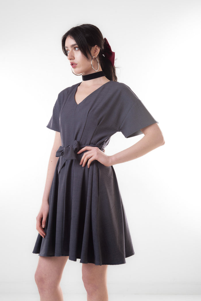 V neck short sleeve belted mini dress wholesale