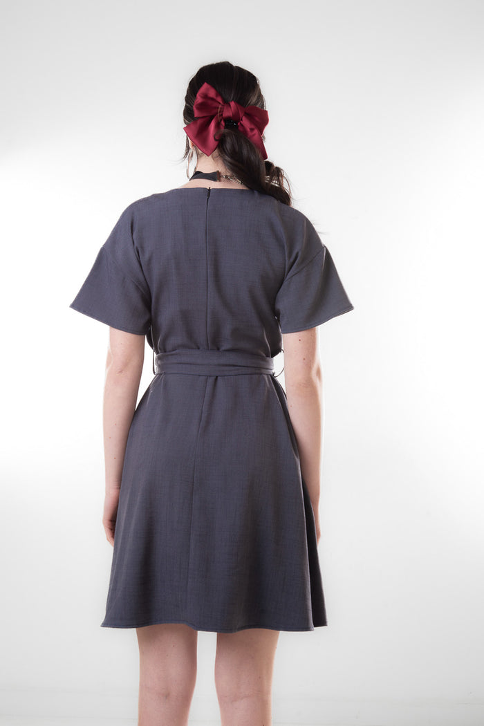V neck short sleeve belted mini dress wholesale