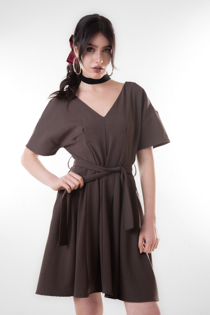 V neck short sleeve belted mini dress wholesale