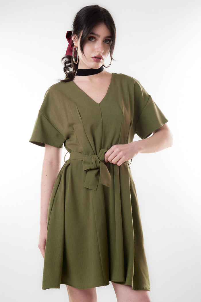 V neck short sleeve belted mini dress wholesale