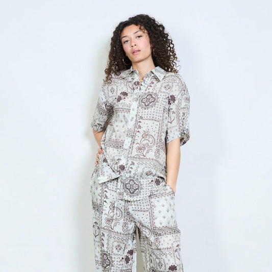 Vintage paisley patchwork printed short sleeve collared blouse wholesale