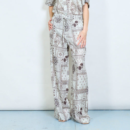 Vintage paisley patchwork wide leg elastic waist trousers wholesale