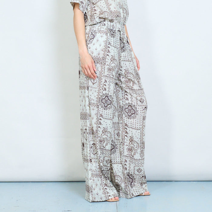 Vintage paisley patchwork wide leg elastic waist trousers wholesale