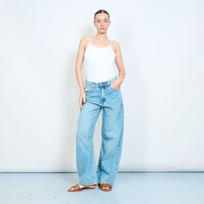 Vintage wash denim jeans with sculpted knee panel seams wholesale