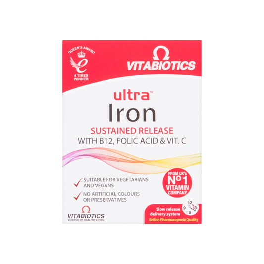 Vitabiotics Ultra Iron with B12 Folic Acid & Vit C box, red and white, sustained release, suitable for vegetarians and vegans.