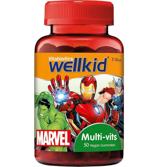 Vitabiotics WellKid Marvel Multi-vits 50 Vegan Gummies red bottle with Hulk, Iron Man, Thor on white background