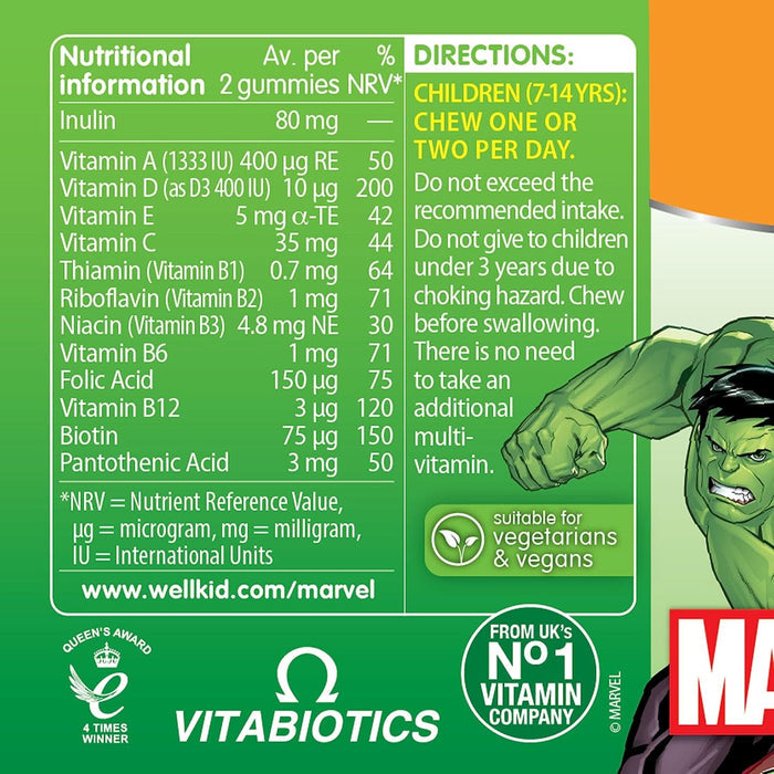 WellKid Marvel Multi-Vitamins back panel on green showing nutritional info, Hulk illustration, directions, and Vitabiotics logo