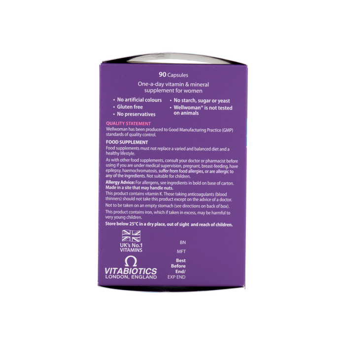 Vitabiotics Wellwoman Original 90 Capsules purple box side panel showing supplement facts and Vitabiotics London England logo on white background.