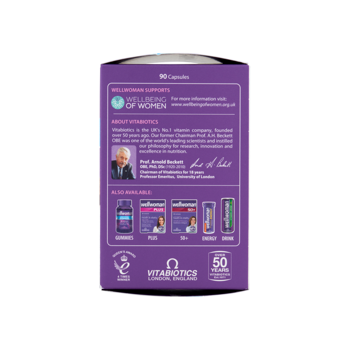 Vitabiotics Wellwoman Original 90 Capsules back panel in purple on white background, showing brand info and product range.