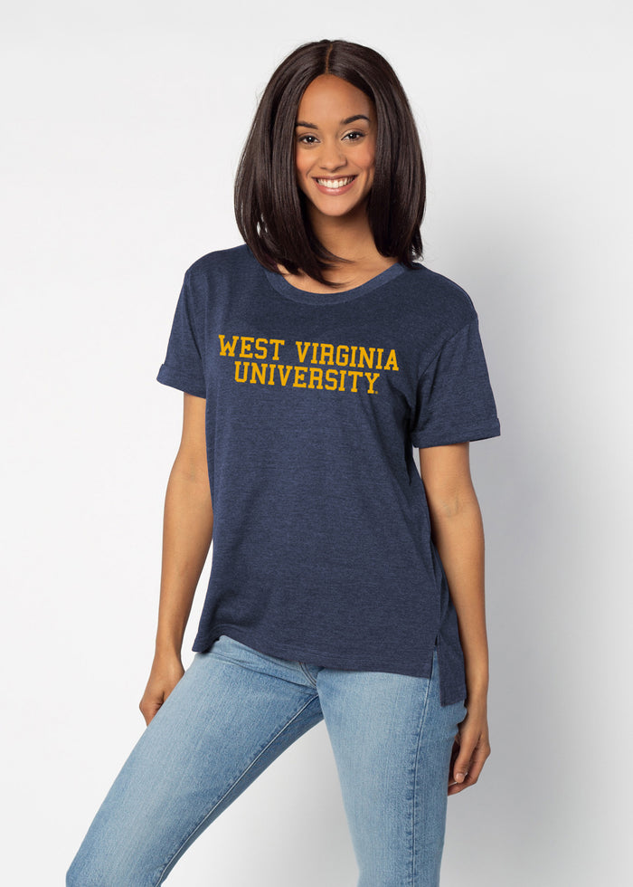 West Virginia Mountaineers Women's Navy Relaxed Melange light-weight cotton-poly  with Ribbed scoop neck, short rolled sleeves, and a longer back hem for extra coverage.