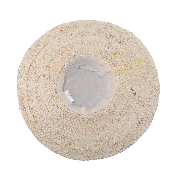 Wide brim raffia hat with “be happy” text detail wholesale