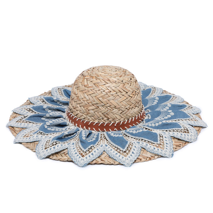 Wide-brim straw hat with denim petal lace embroidery wholesale