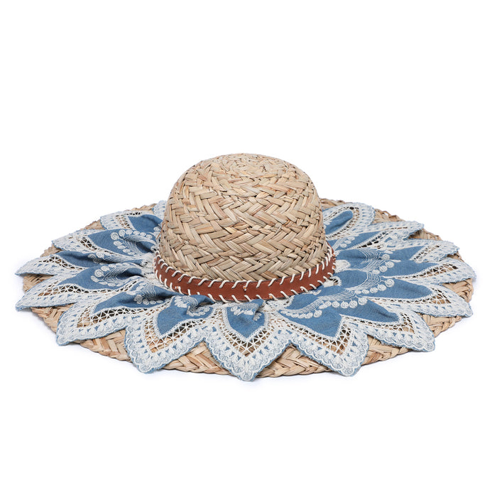 Wide-brim straw hat with denim petal lace embroidery wholesale