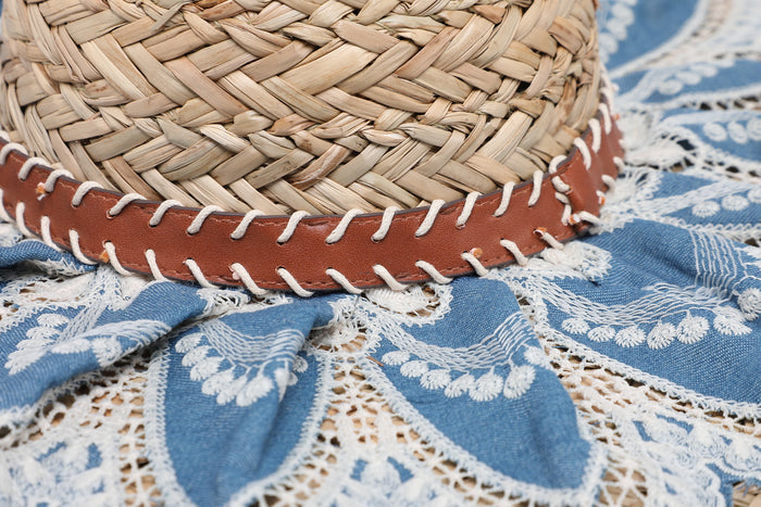 Wide-brim straw hat with denim petal lace embroidery wholesale