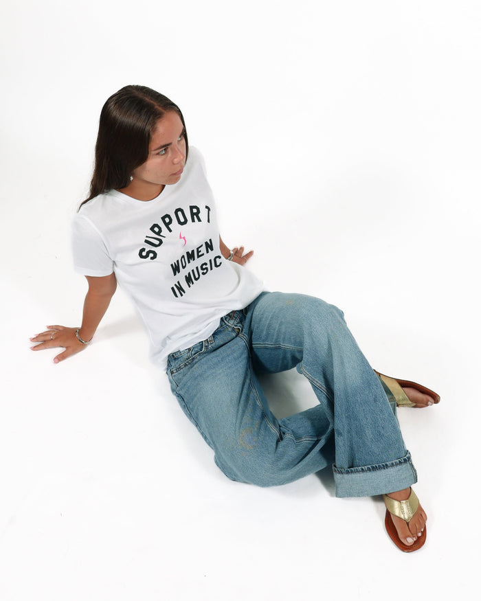 WOMEN WHO ROCK™ SUPPORT WOMEN IN MUSIC WHITE FITTED T-SHIRT