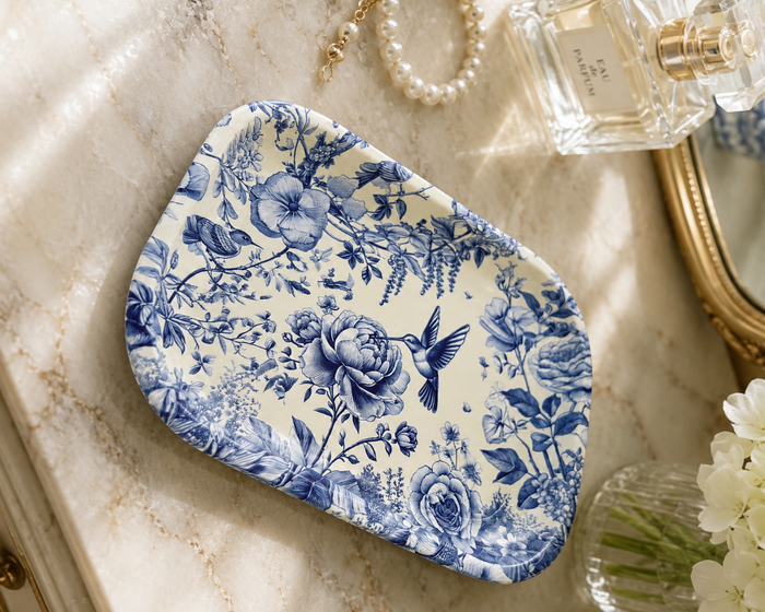 World Buyers - Blue Toile Hummingbird Metal Tray - MT107