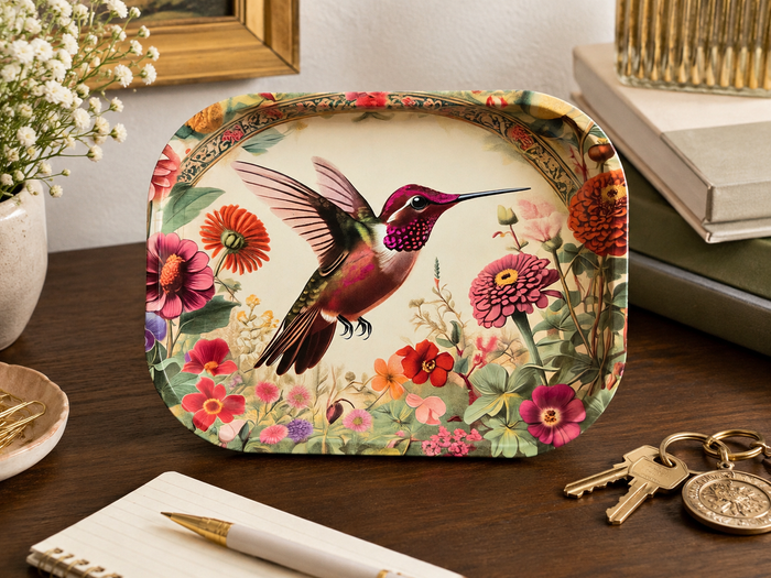 World Buyers - Hummingbird Zinnias Metal Tray - MT115