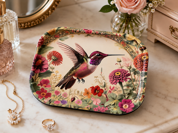 World Buyers - Hummingbird Zinnias Metal Tray - MT115