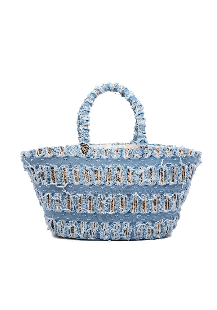 Woven raffia shopper with distressed patchwork detail wholesale