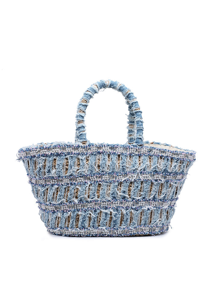 Woven raffia shopper with distressed patchwork detail wholesale