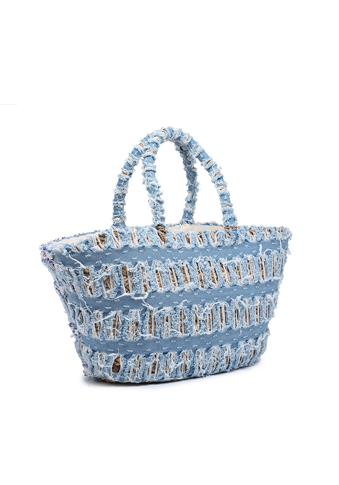 Woven raffia shopper with distressed patchwork detail wholesale